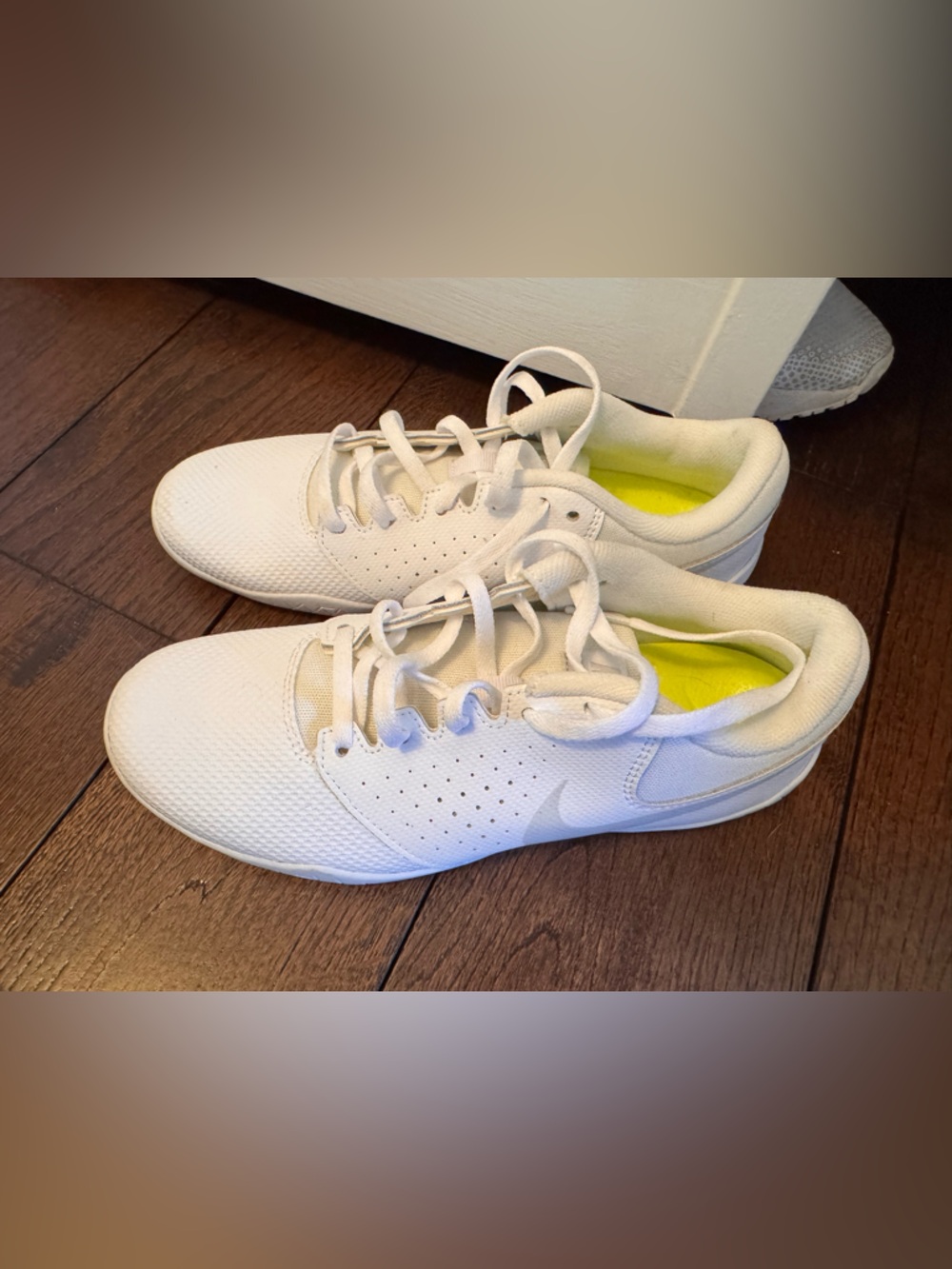 Nike Women's Cheer Sideline IV White Athletic Sneakers with Neon Yellow Insoles